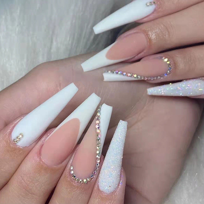 Diamond Attached Long White French Style Nail