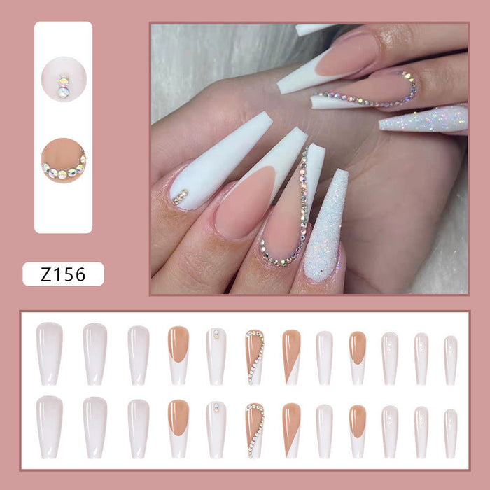 Diamond Attached Long White French Style Nail
