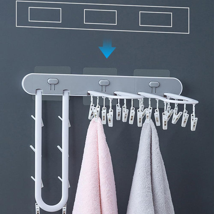 Wall Mounted Folding Rack with 24 Clips for Drying Towel Socks Diapers Clothes