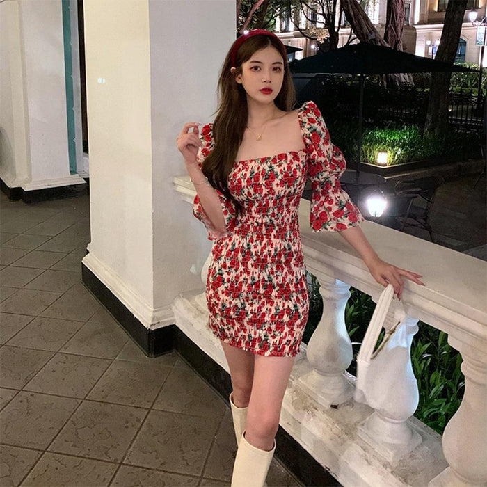 Floral Sweetheart Puff Sleeve A Line Dress