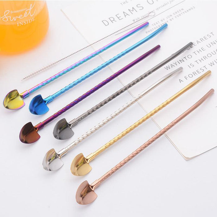 2 Packs Stainless Steel Drinking Straw Spoons with Cleaning Brush