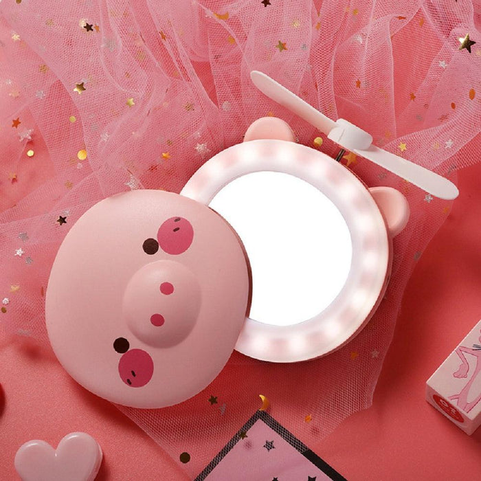 3 in 1 Cute Pink Pig  Portable  Makeup Mirror Light Fan