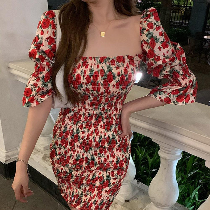 Floral Sweetheart Puff Sleeve A Line Dress