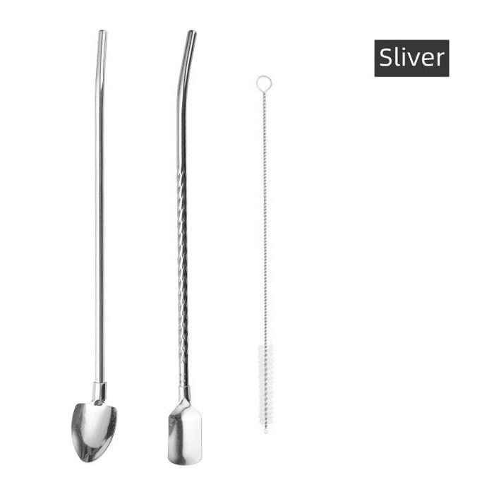 2 Packs Stainless Steel Drinking Straw Spoons with Cleaning Brush