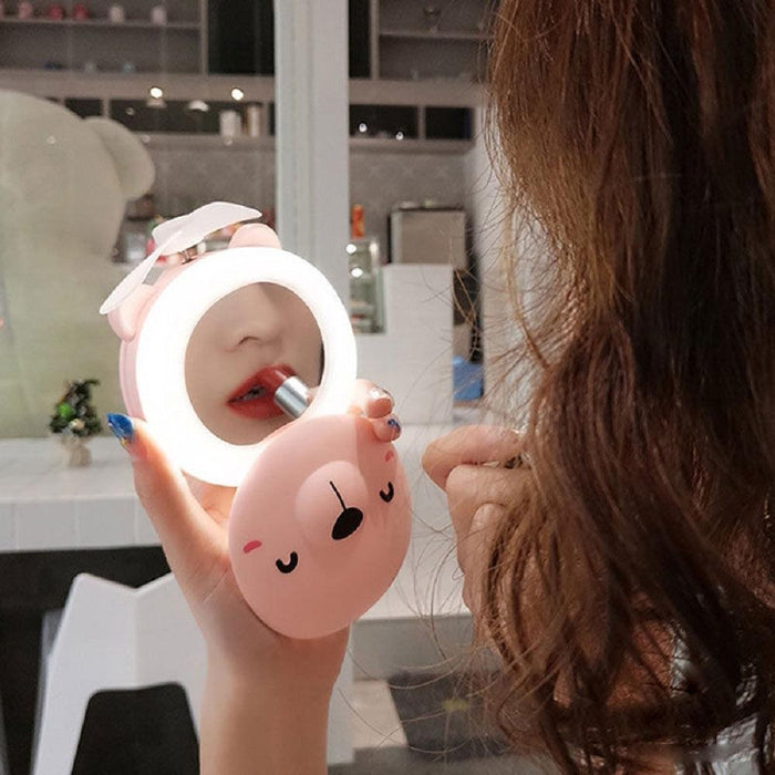 3 in 1 Cute Pink Pig  Portable  Makeup Mirror Light Fan