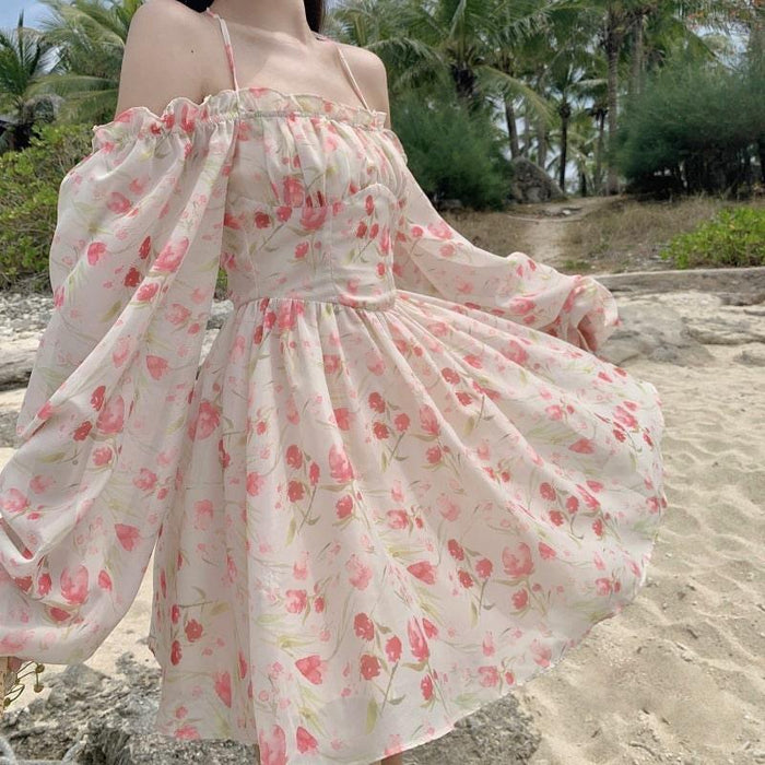 Tulip Print Floral Off Shoulder Puff Sleeves Summer Beach Mini Dress Sundress