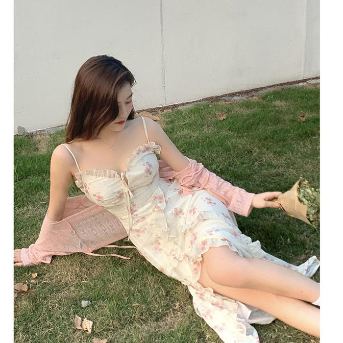 Summer Floral Sleeveless Suspender Midi Beach Dress with Cardigan