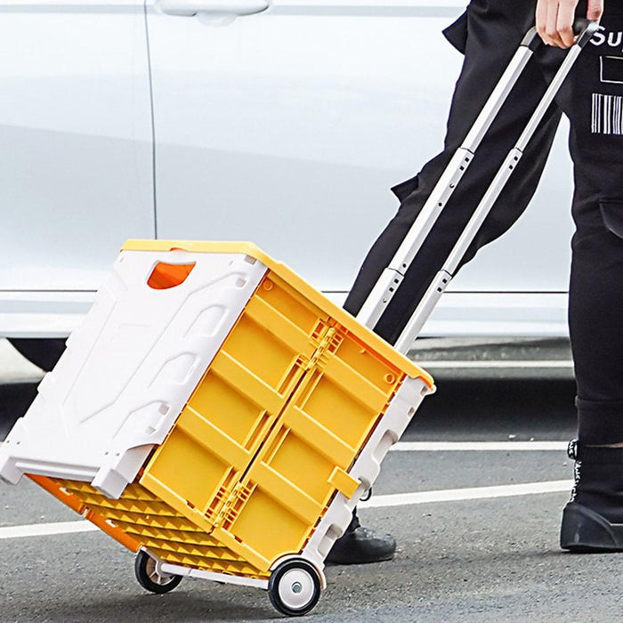Foldable Rolling Pull Cart with Telescopic Handle, Shopping Trolley Wheel Box with Lid Noiseless, Collapsible Storage Crate