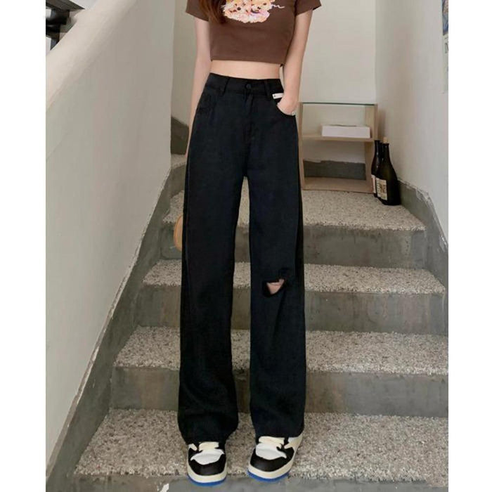 Ripped straight jeans Loose high waist stretch black wide leg trousers