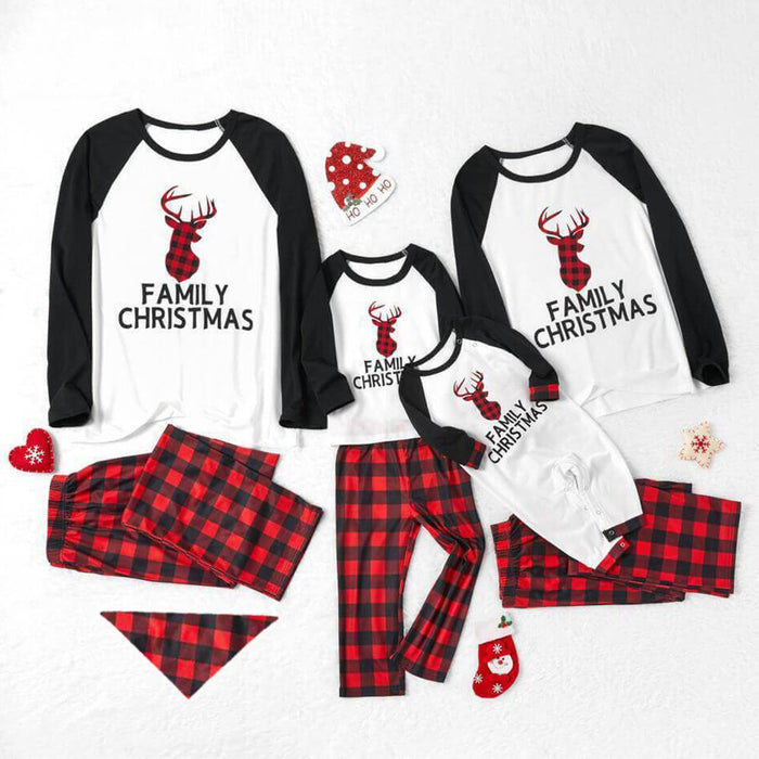 Family Matching Christmas Letter Print Buffalo Plaid Reindeer Pajamas Sets (with Pet Dog Clothes)
