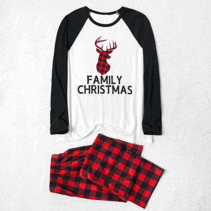 Family Matching Christmas Letter Print Buffalo Plaid Reindeer Pajamas Sets (with Pet Dog Clothes)