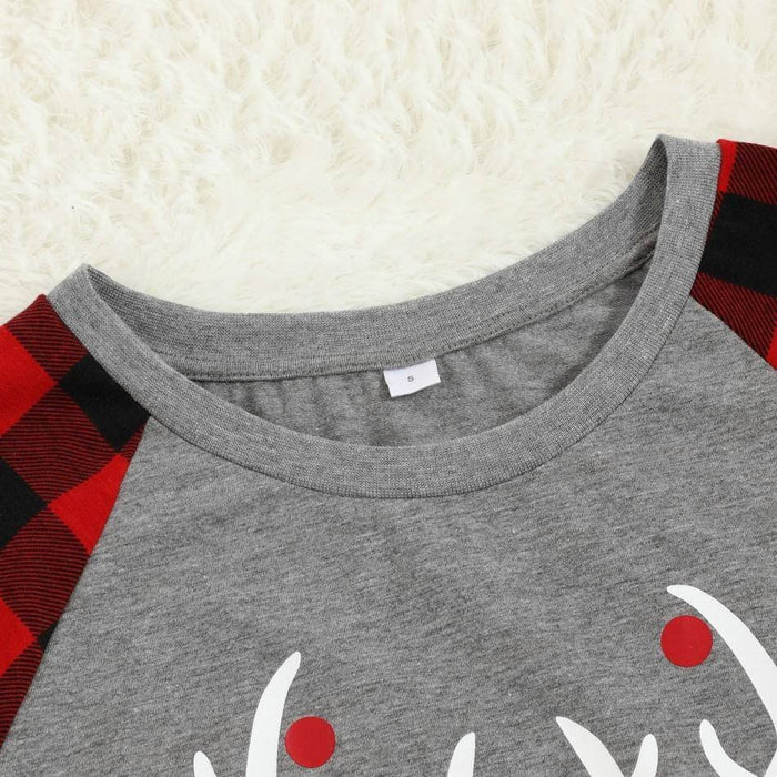 Merry Christmas Antler Letter Print Buffalo Plaid Design Family Matching Pajamas Sets (with Pet Dog Clothes)