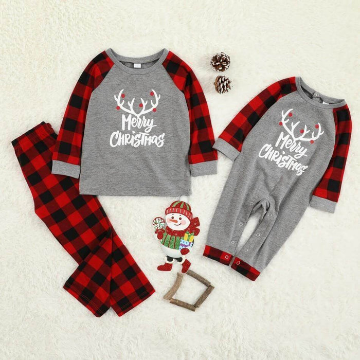 Merry Christmas Antler Letter Print Buffalo Plaid Design Family Matching Pajamas Sets (with Pet Dog Clothes)