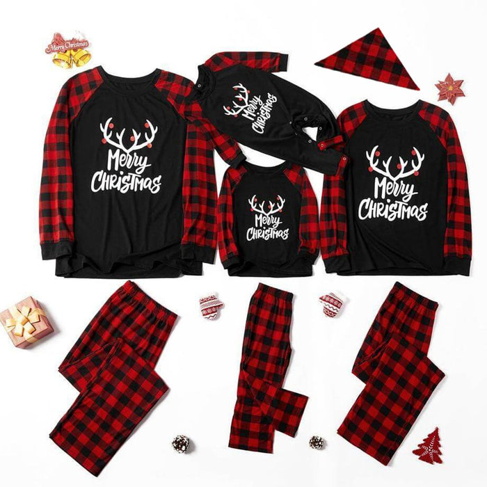 Merry Christmas Antler Contrast top and Buffalo Plaid Pants Family Matching Pajamas Set (with Pet Dog Clothes)