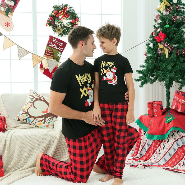 Christmas Print Black Short-sleeve Parent-child Pajamas Set