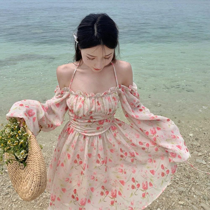 Tulip Print Floral Off Shoulder Puff Sleeves Summer Beach Mini Dress Sundress