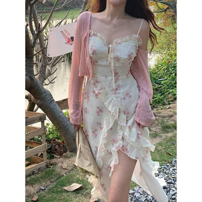 Summer Floral Sleeveless Suspender Midi Beach Dress with Cardigan